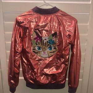 Metallic Pink Sequin Cat Patch Girl’s Bomber Jacket